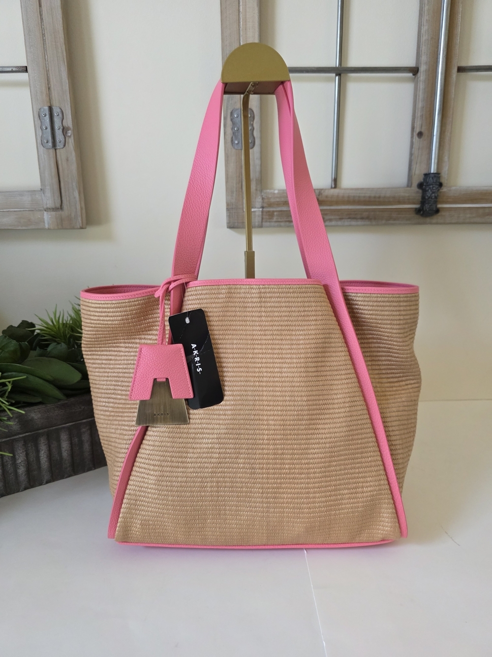 Akris Alex Medium Tote Camel Blossom Raffia & Leather Dust Bag - Rare Color- New